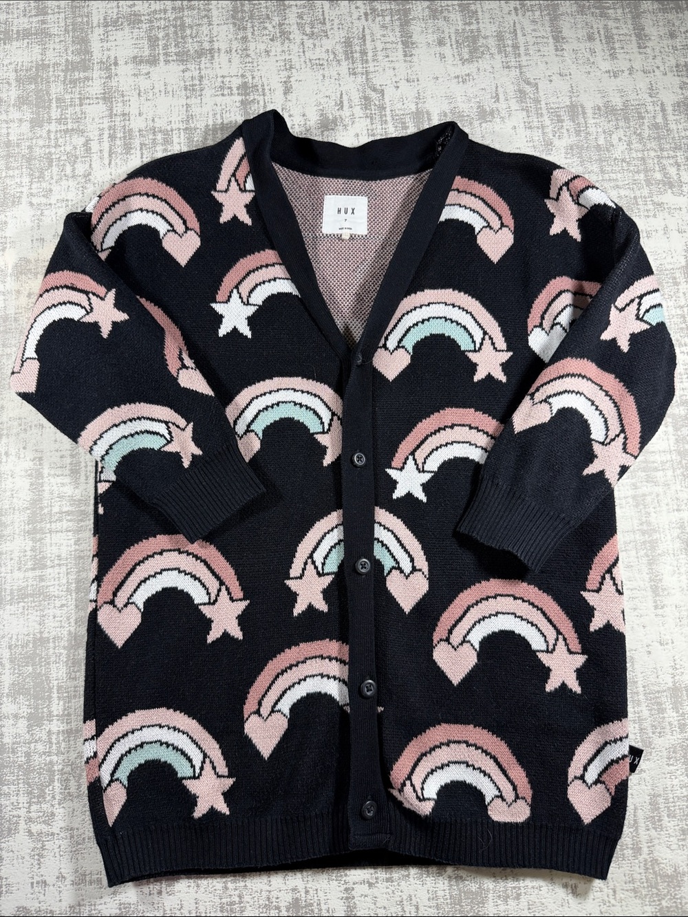Huxbaby Kids Black Rainbow Cardigan - Size 7 100% Organic Cotton 23x16.5